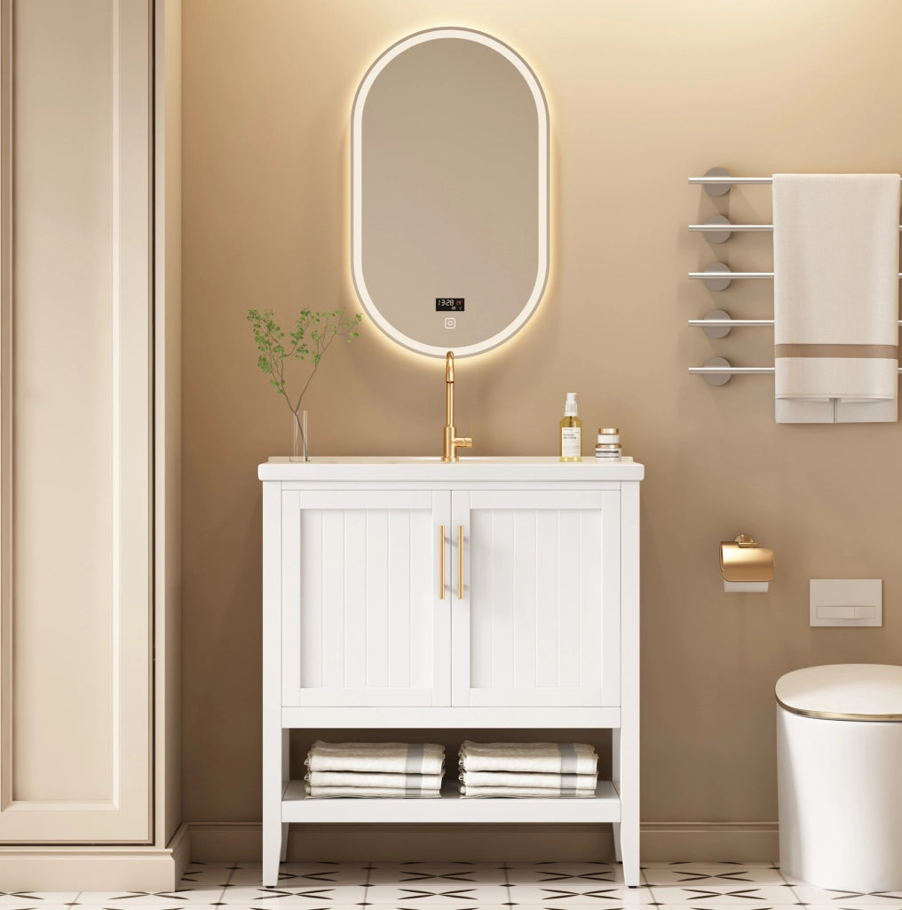 Mobile bagno sospeso con lavabo in ceramica e base bianca