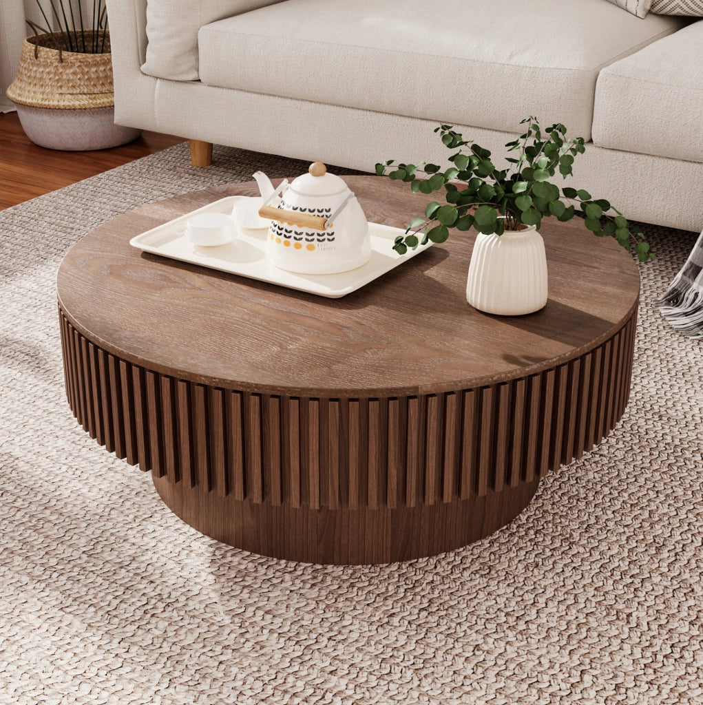 Tavolino rotondo 75 cm con contenitore, MDF e impiallacciatura in noce, moderno