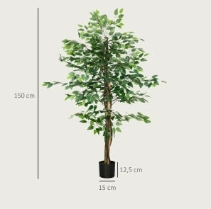 Ficus artificiale ULEVR 150 cm con 882 foglie, vaso in cemento e muschio decorativo, verde