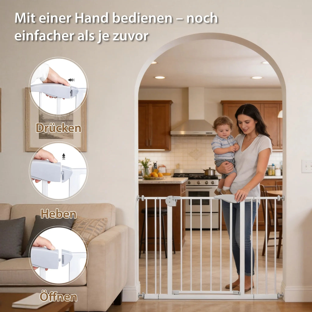 Cancello per bambini con porta per cani, larghezza regolabile 75-115 cm, altezza 76 cm, metallo e plastica, montaggio senza foratura, include prolunga