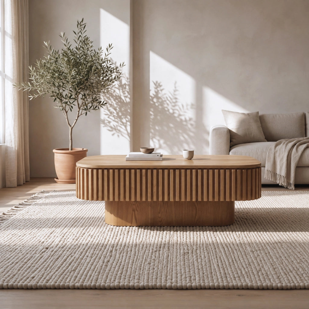 Tavolino basso fisso con vano contenitore nascosto e piano rimovibile in MDF effetto legno naturale