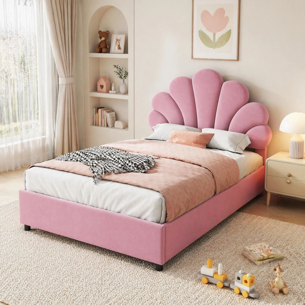 Letto con contenitore 90 × 200 cm con sollevamento idraulico testiera floreale imbottita in velluto rosa