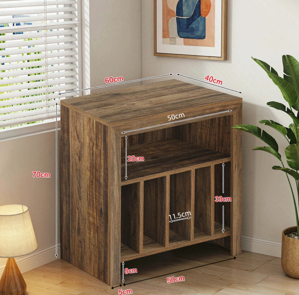 Supporto per giradischi in legno con ripiani aperti e divisori, comodino versatile per vinili e piccoli oggetti
