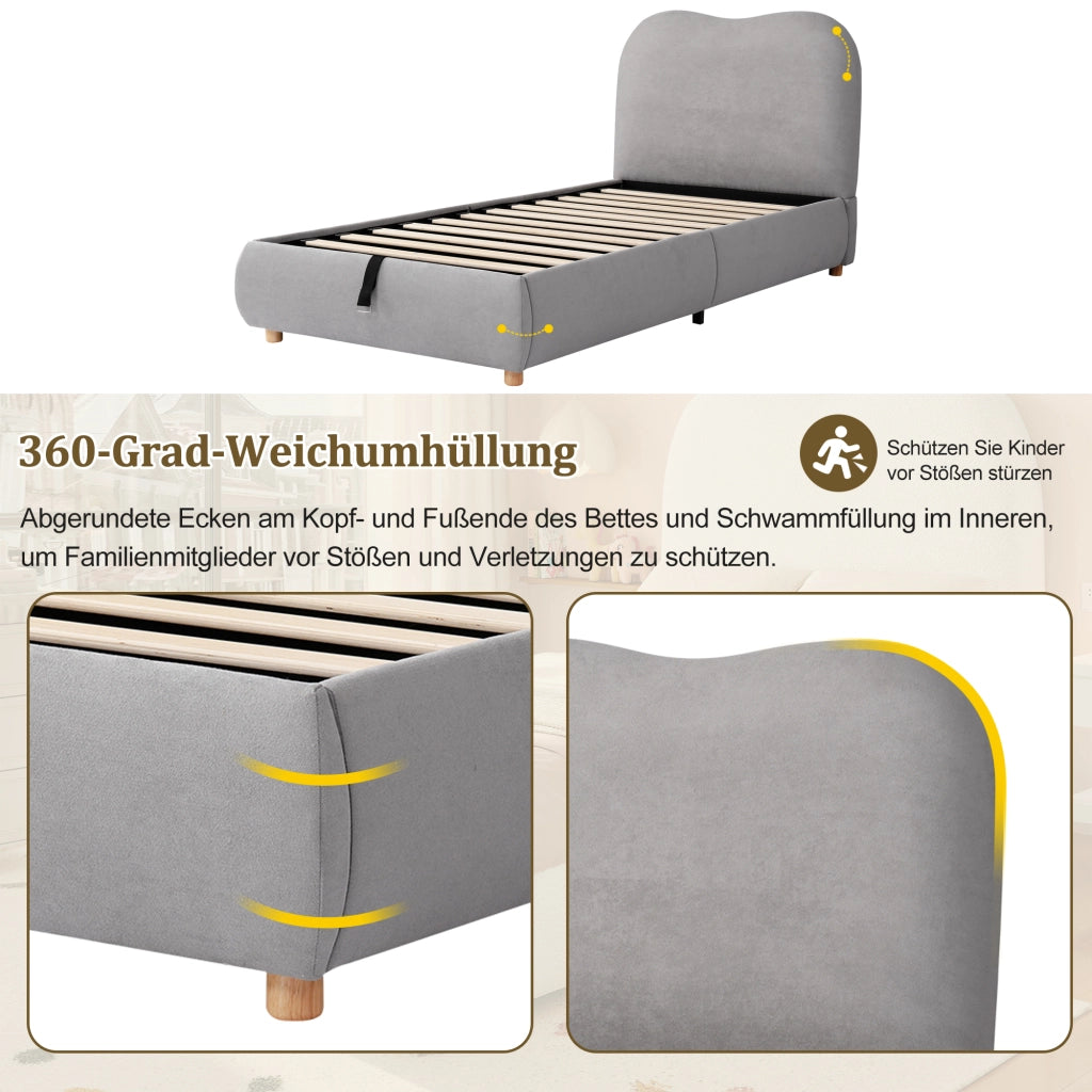 DESMIU Letto Bambino 90 × 200 cm con contenitore idraulico, testiera imbottita e senza materasso, in lino, grigio