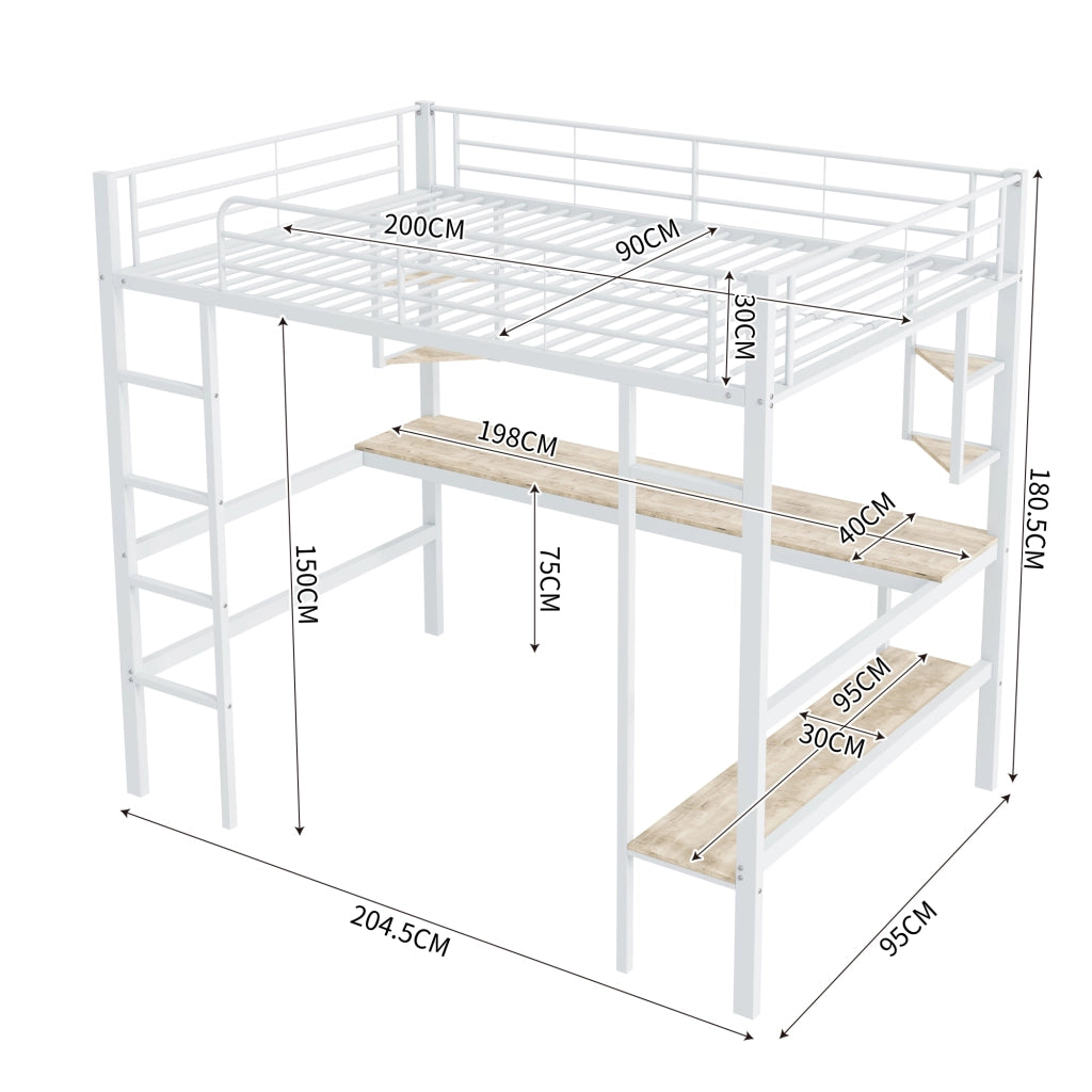 Letto a castello bianco in metallo con scrivania e scaffali 90x200 cm