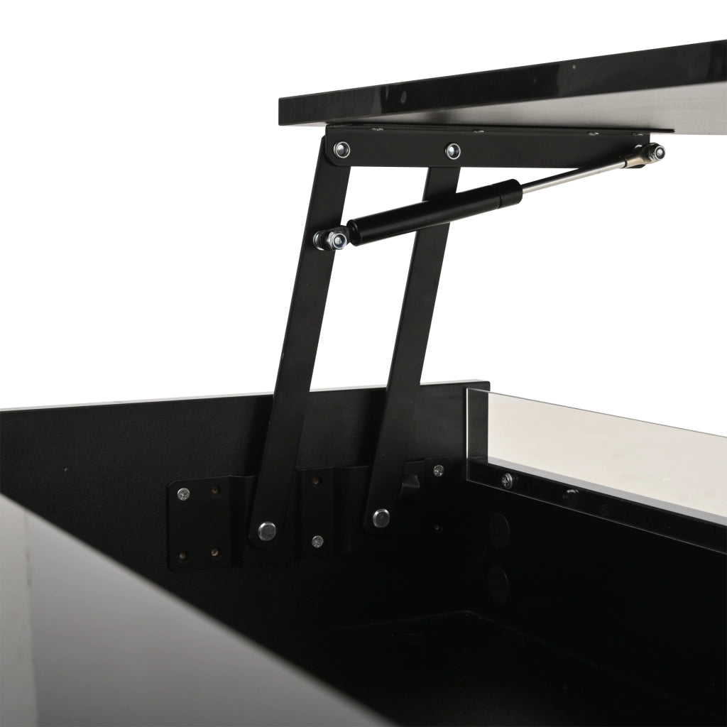 Tavolino da salotto elevabile con LED, cassetto e vano nascosto, finitura lucida nera in truciolare, 70 × 70 × 38 cm