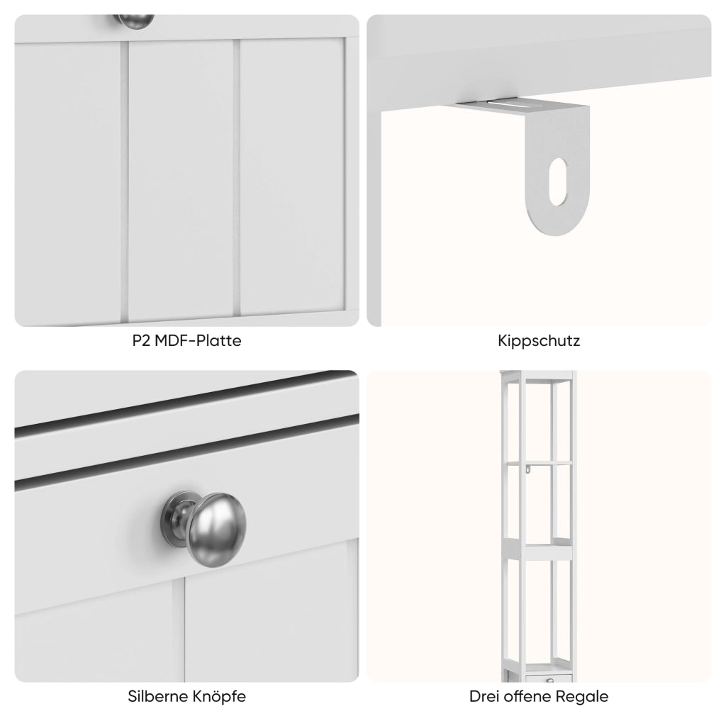 Colonna da bagno con 2 cassetti e 3 ripiani aperti in MDF bianca per spazi ridotti 20 × 30 × 160 cm