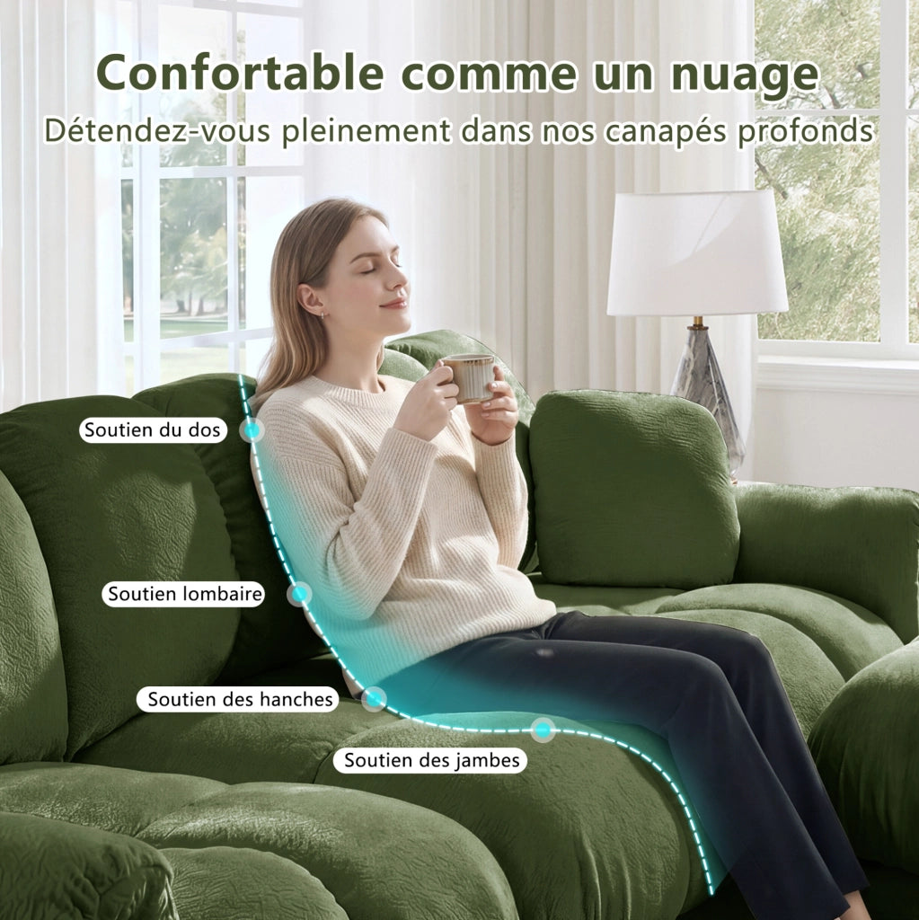 Divano a U da 3 posti in chenille verde con pouf mobile e due cuscini decorativi