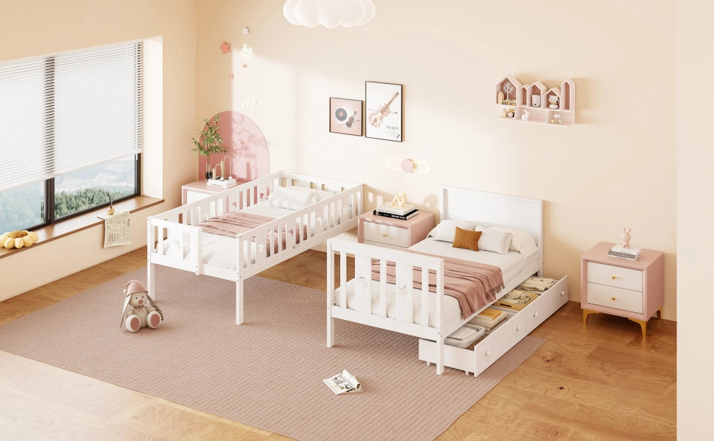 Letto a castello per bambini 90 × 200 cm in legno bianco con scala contenitore due cassetti e doghe