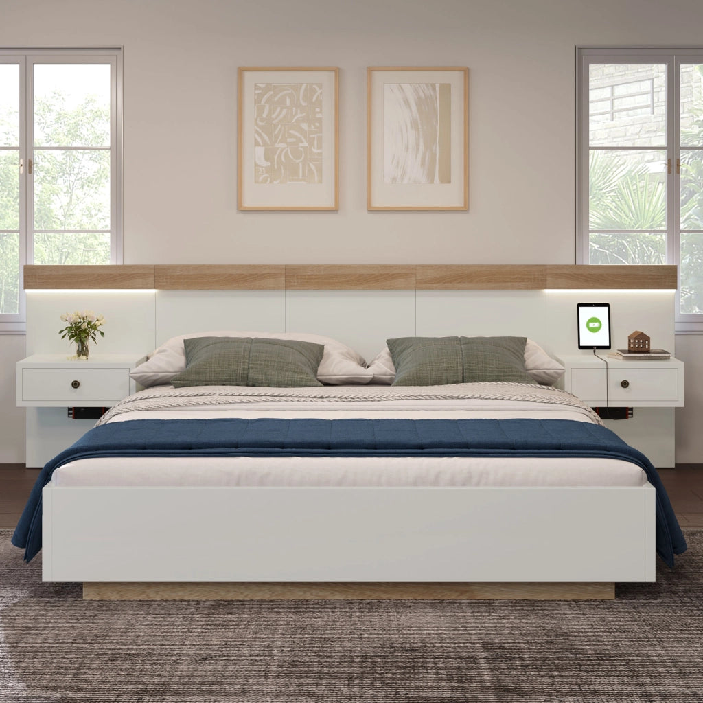 Letto matrimoniale 160 × 200 cm con 2 comodini LED rimovibili; USB e USB-C; rete a doghe; bianco e rovere Sonoma