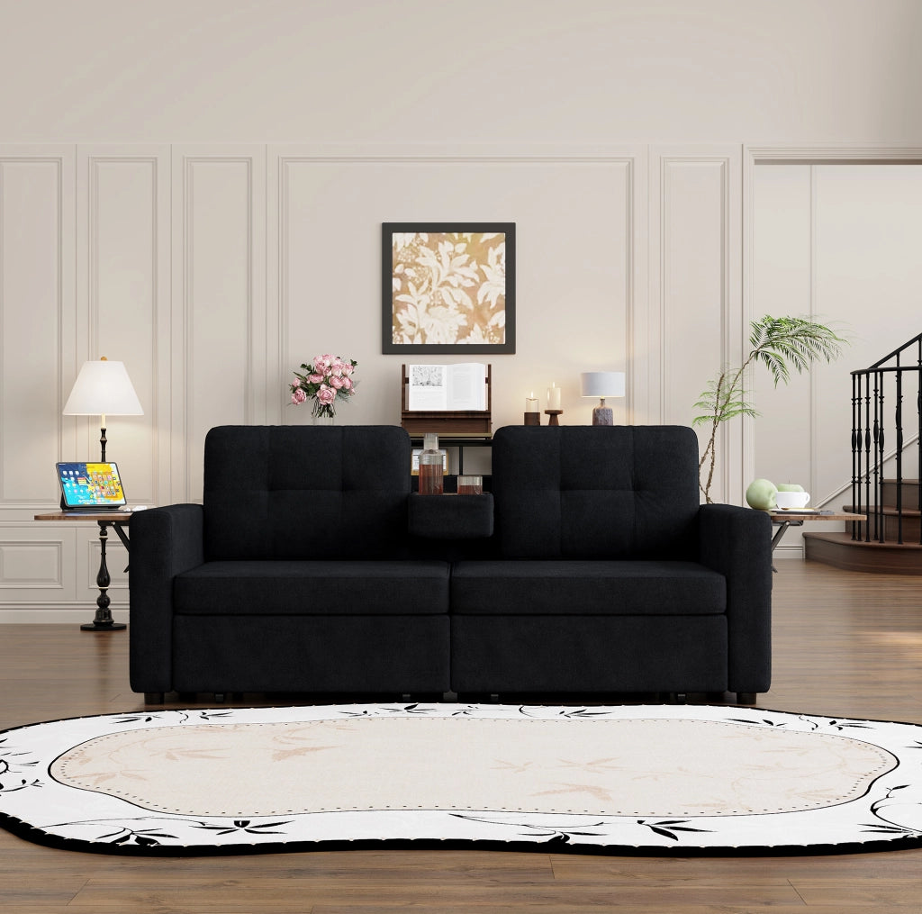 Divano a due posti in chenille nero con tavolino estraibile, cassetti contenitori e portabicchieri, 178x71x57,5 cm