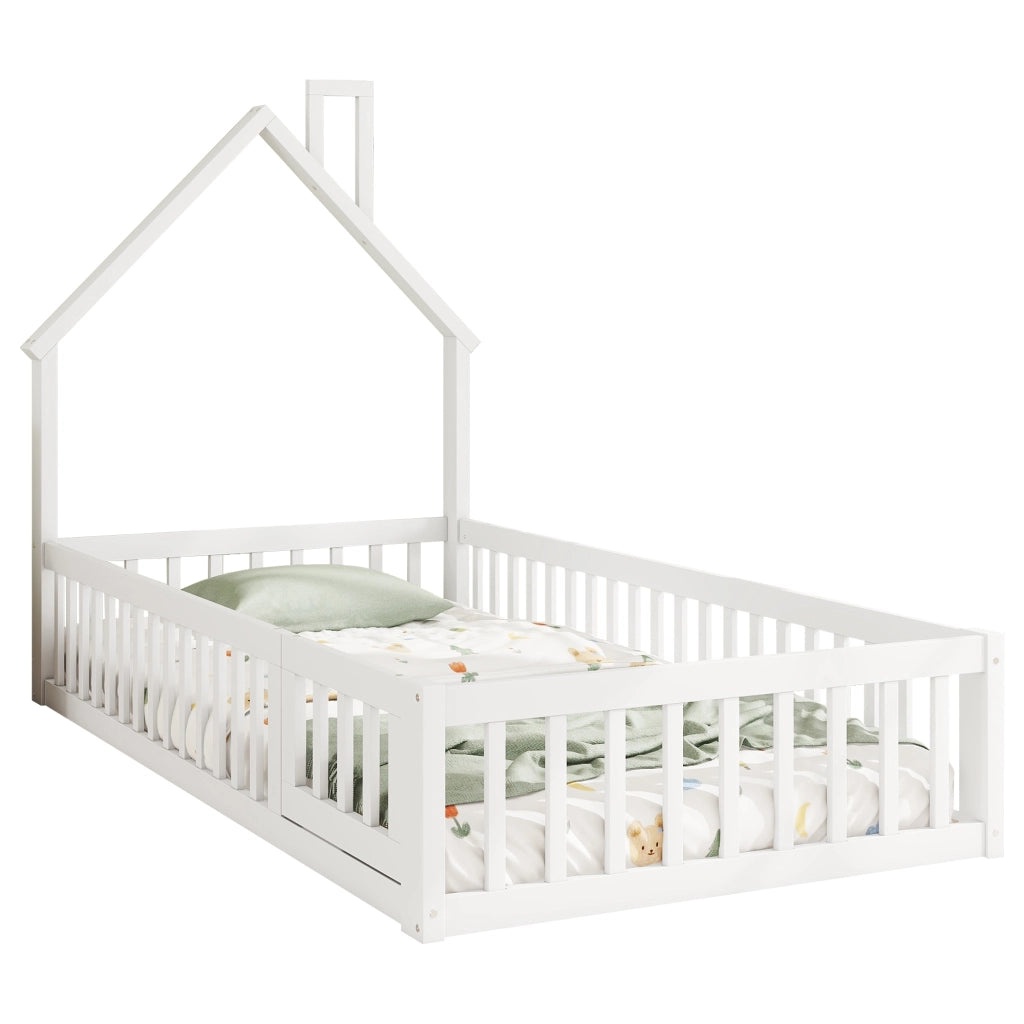 Letto per bambini a casetta 90 × 200 cm con rete a doghe in legno bianco con camino e barriera di sicurezza