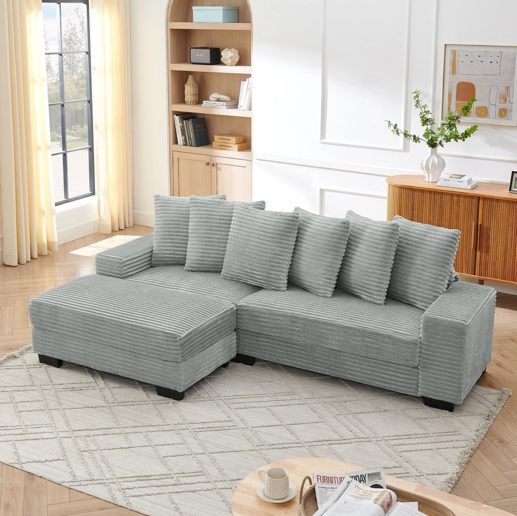 Divano angolare a L 4 posti 256;5 x 133;5 x 89 cm in corduroy grigio; con 6 cuscini