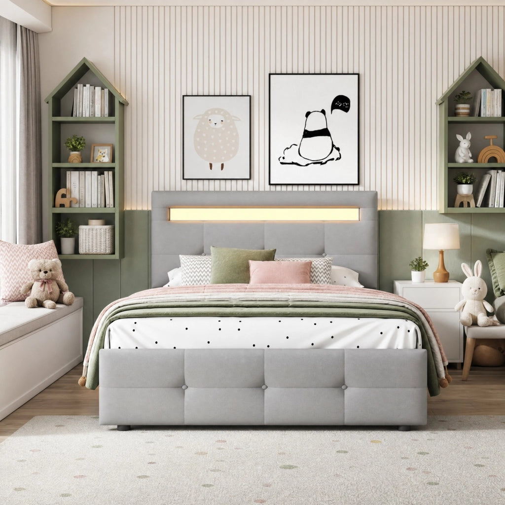 Letto imbottito 90x200 cm con LED e 2 cassetti; grigio