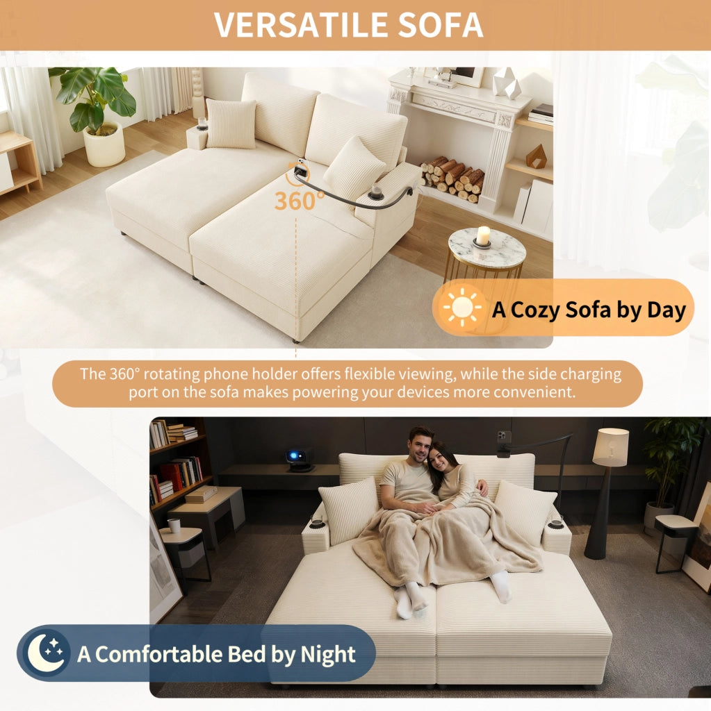 Divano letto doppio in velluto a coste beige con funzione sonno, porta cellulare rotante, porte USB e portabicchieri