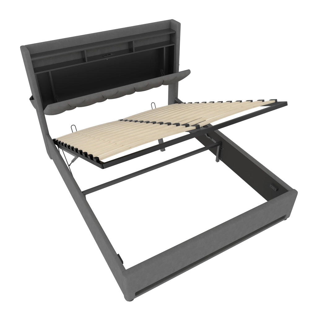 Letto 140x200 cm con contenitore idraulico, LED, USB e USB-C in velluto grigio scuro