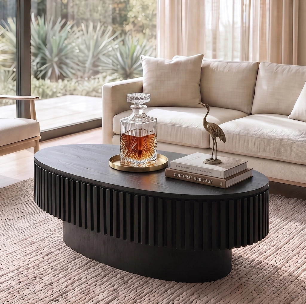 Tavolino da Caffè Ovale 98 cm con Ripiano Nascosto, Rivestimento in Legno Massello, Design Fluted Nero Opaco