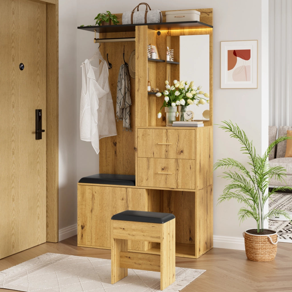 Mobile da ingresso con specchio, LED, 2 cassetti, seduta e scarpiera con ripiani regolabili, MDF naturale, 100 × 40 × 172.5 cm