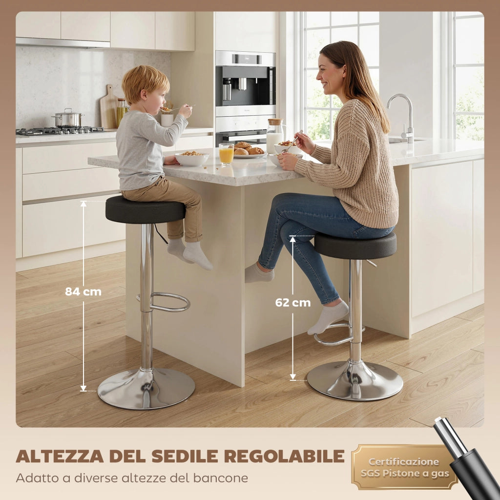 Sgabelli da Bar Regolabili ¨C Minimal ¨C Pelle PU e Metallo, Nero, 38.5x38.5x62-84 cm