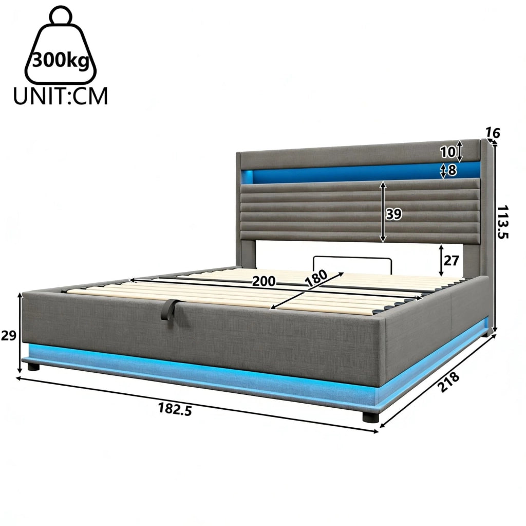 Letto imbottito 180 × 200 cm con contenitore idraulico; LED; USB e USB-C; lino grigio