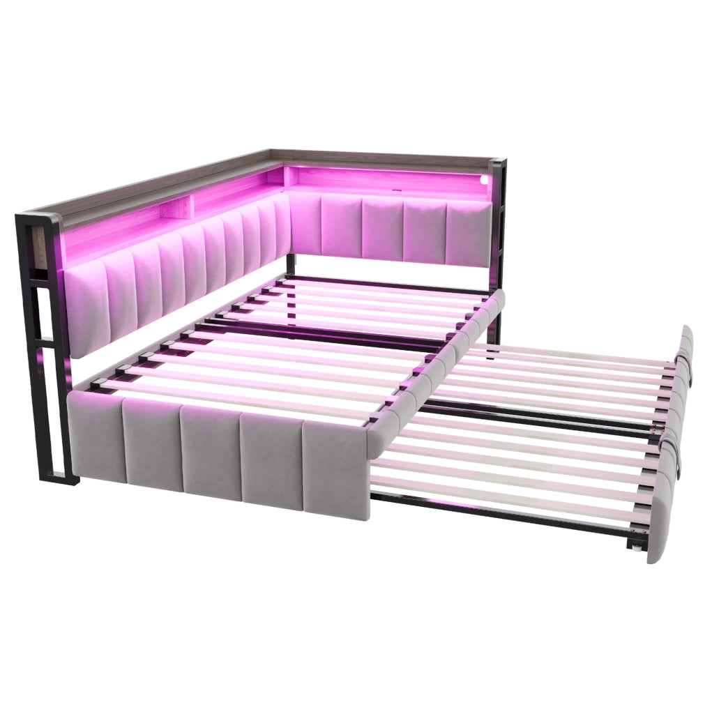 Divano letto estraibile 90x200 cm in velluto grigio chiaro con LED e USB-C