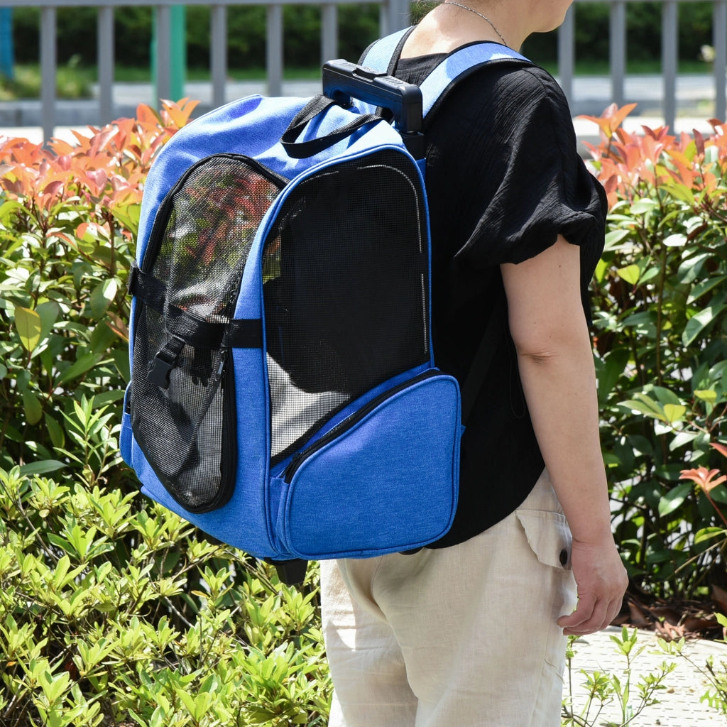 Trasportino Zaino 2 in 1 per Cani e Gatti, Blu, Tessuto Oxford Resistente, Maniglia Telescopica, Ruote e Tasche, 42x25x55cm, Pratico