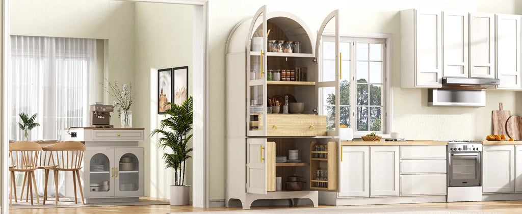 Highboard bianco con ripiani regolabili, cassetto e vetro scanalato. Mobile cucina con ampio spazio contenitore per soggiorno, sala da pranzo e cucina