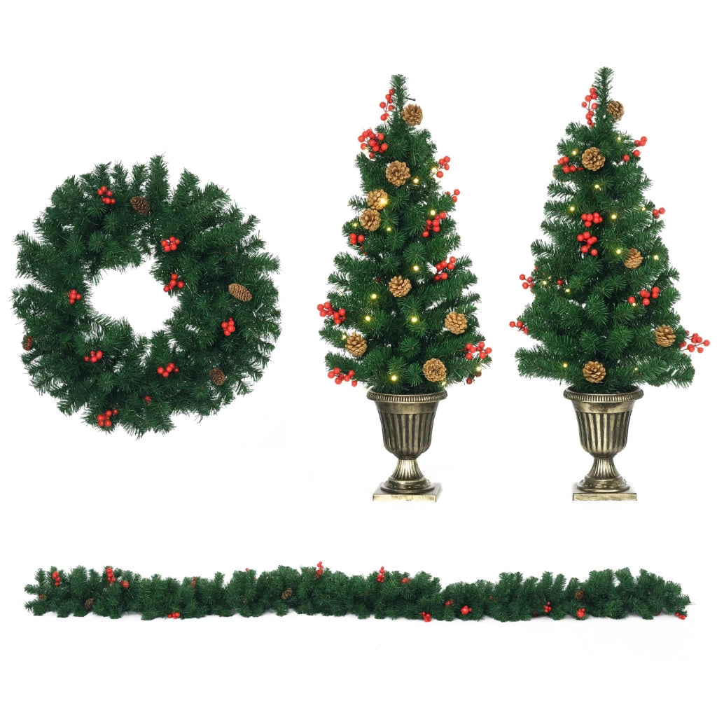Decorazioni Natalizie, Set 4 Pezzi con 2 Alberelli di Natale ¦µ40x90 cm, Ghirlanda Natalizia e Corona di Natale