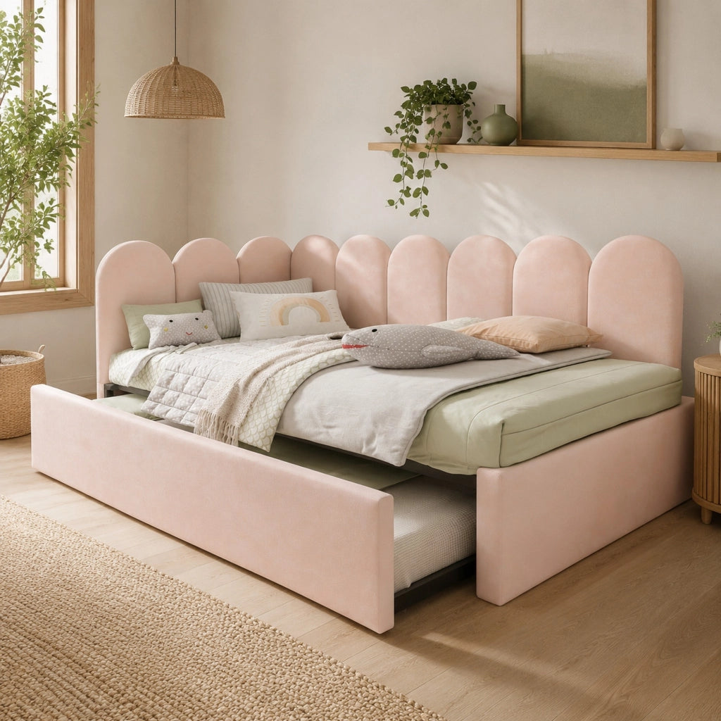 Letto singolo imbottito con letto estraibile 90 × 200 cm in velluto rosa con rete a doghe e schienale