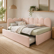 Letto singolo imbottito con letto estraibile 90 × 200 cm in velluto rosa con rete a doghe e schienale