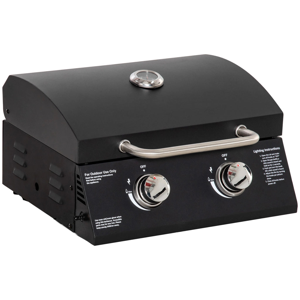 Barbecue a Gas da Tavolo Portatile 2 Bruciatori 5 kW con Piedi Pieghevoli e Termometro per Campeggio e Giardino