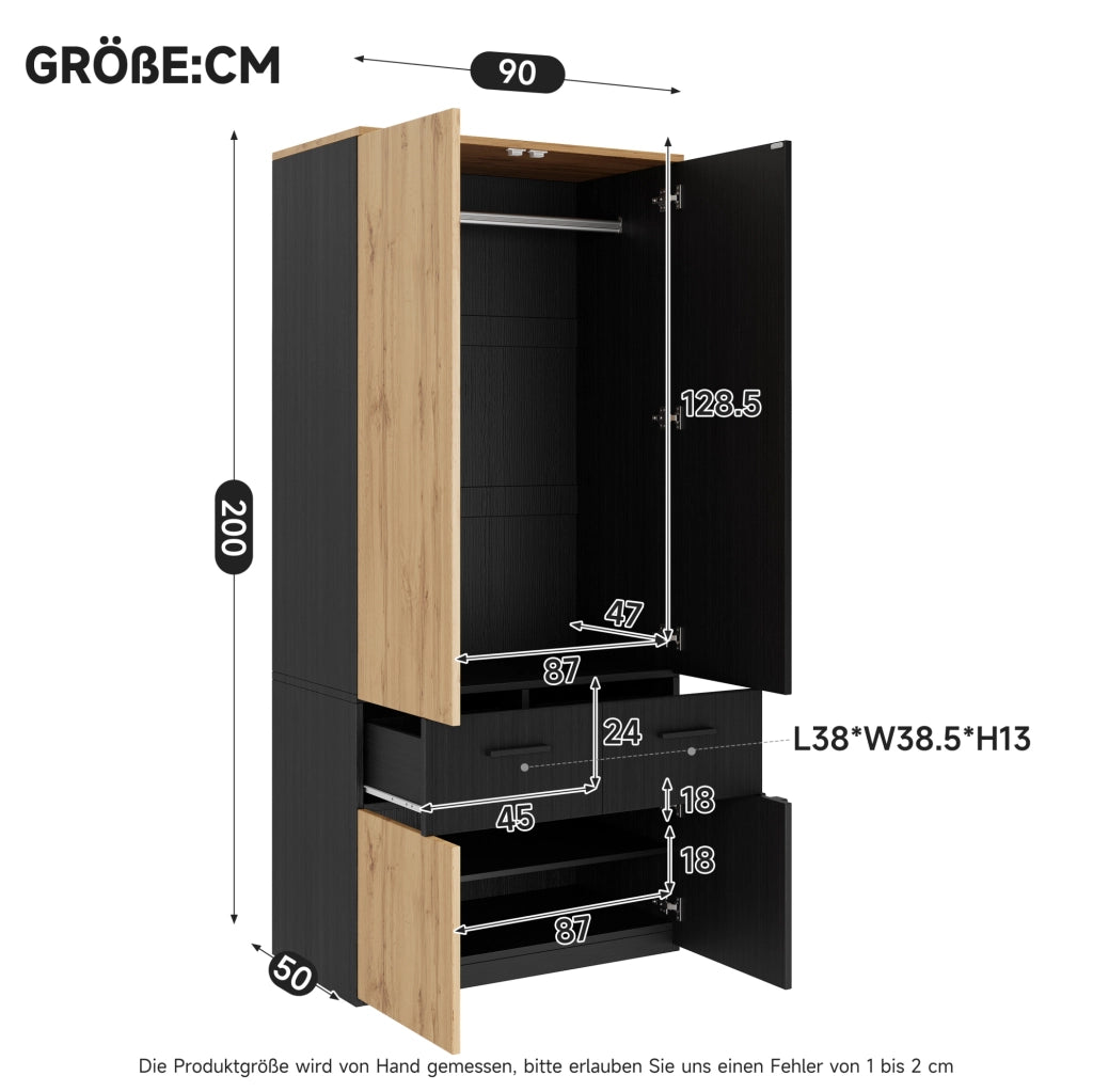 Armadio alto a quattro ante con lamelle 90x50x200 cm, 2 cassetti, 2 ripiani e barra appendiabiti, nero e legno naturale