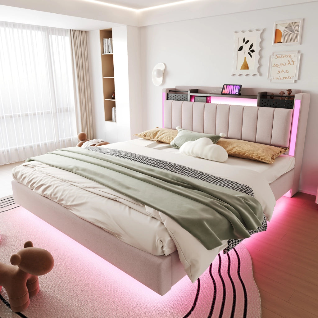Letto imbottito 160 × 200 cm con LED e porta USB testiera con vano contenitore rivestito in tessuto di lino beige