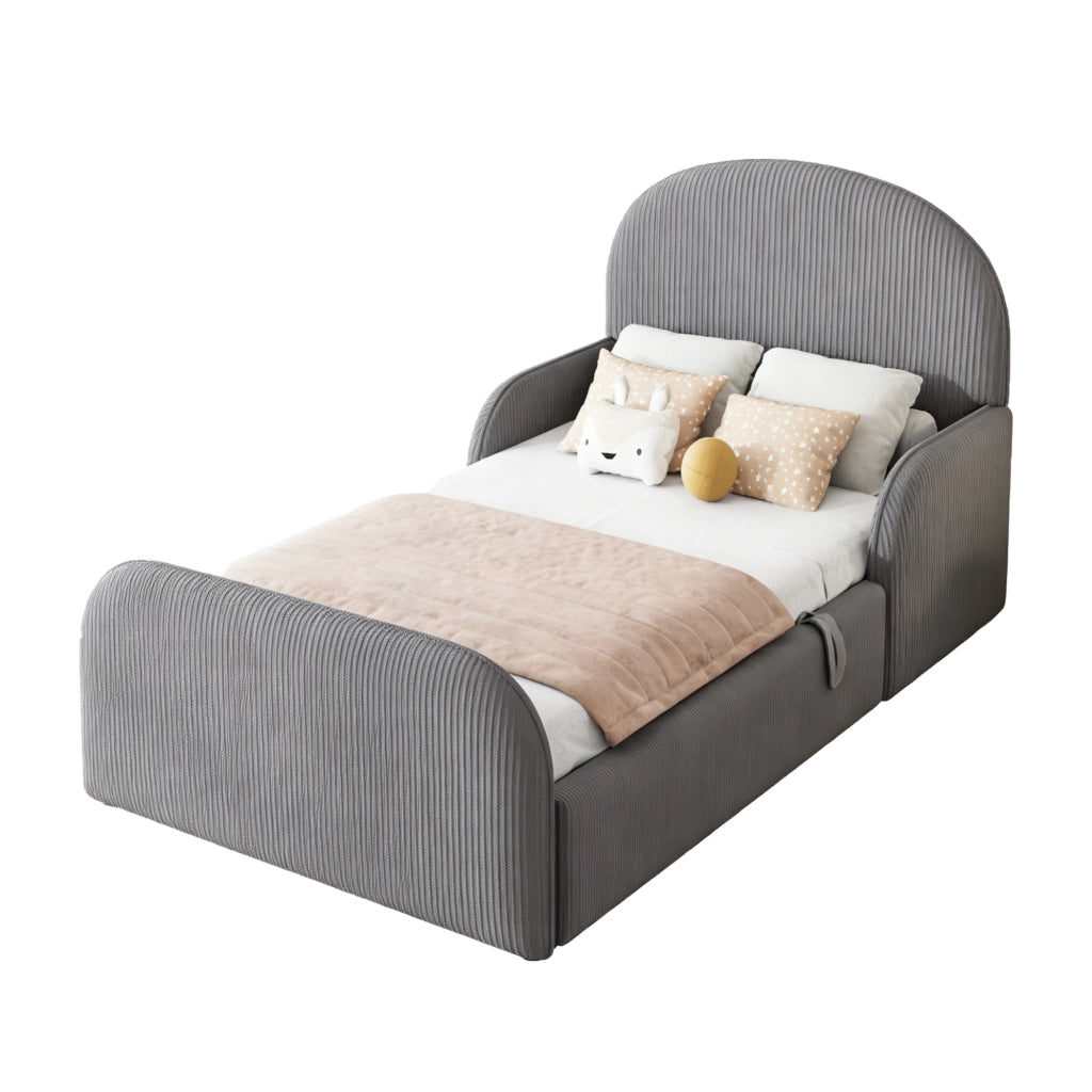 Letto Singolo Imbottito 90x200 cm con Contenitore Idraulico; Testiera Alta e Sponde di Sicurezza; Struttura in Velluto Grigio per Cameretta