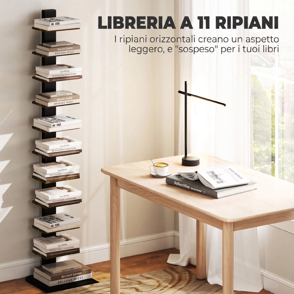 Libreria verticale a 11 ripiani in acciaio e legno; marrone rustico opaco; per angoli stretti