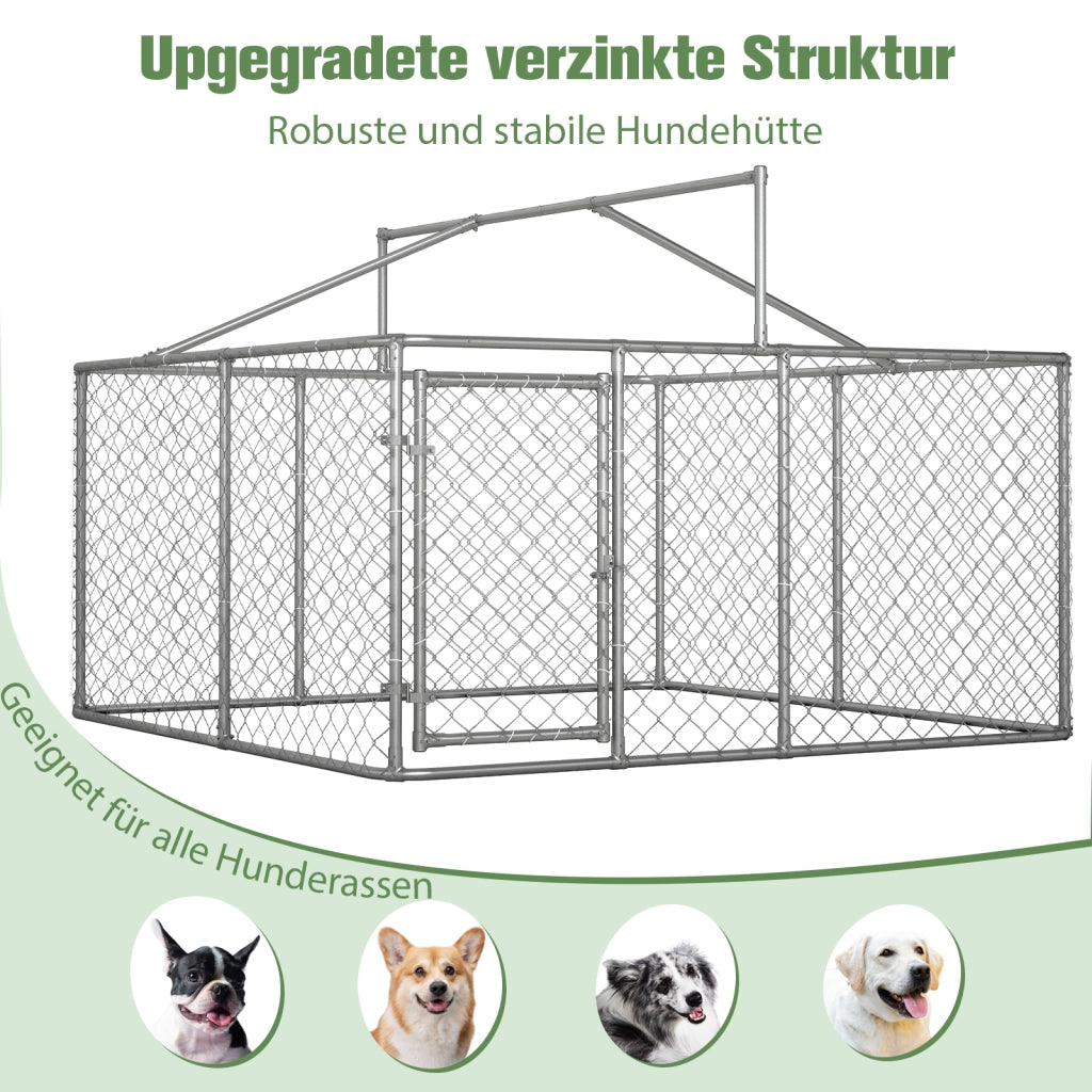 Recinto per cani con tetto in acciaio zincato argento porta con chiusura per giardino 230 × 230 × 117 cm
