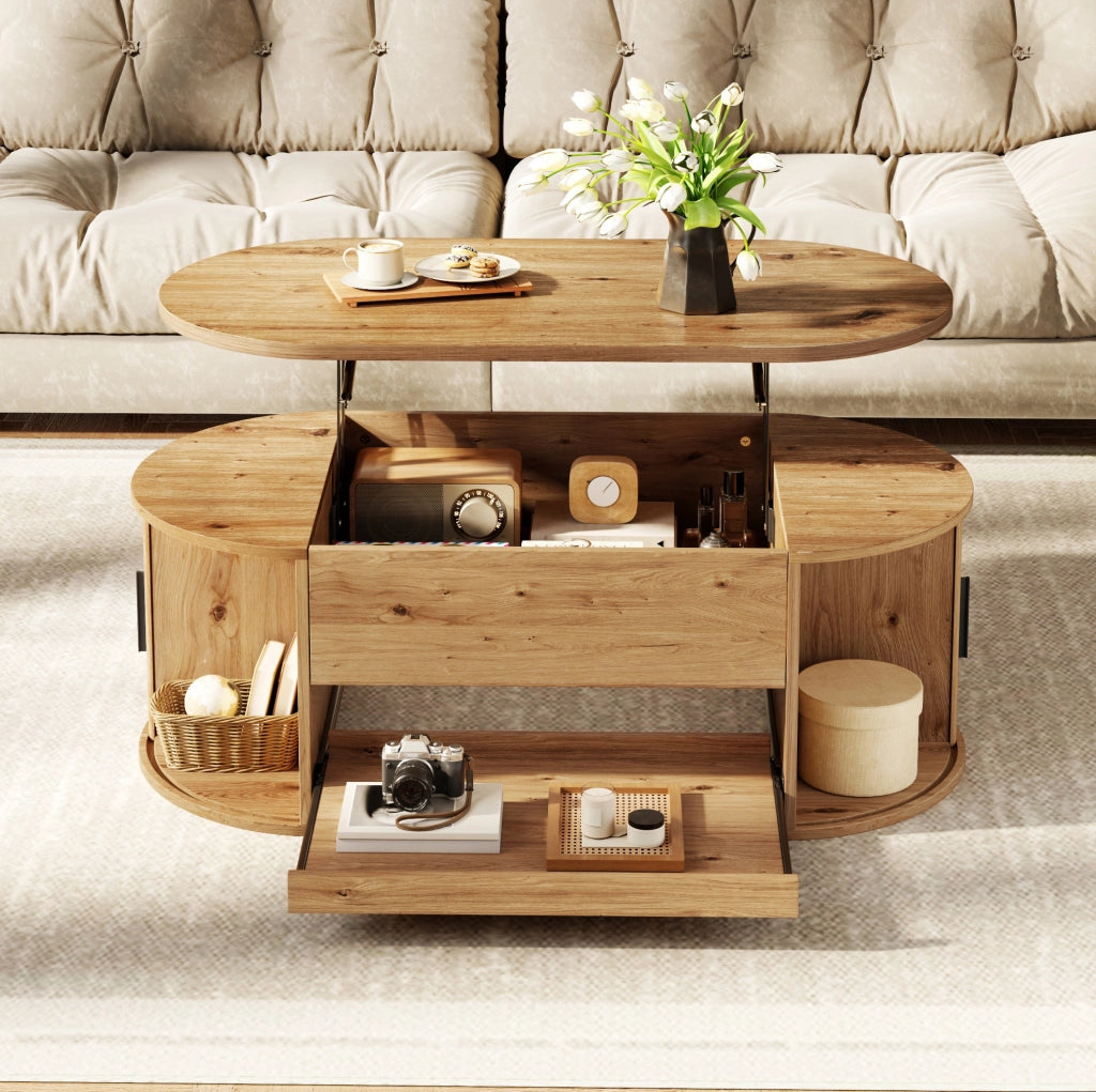 Tavolino da caffè elevabile 110x55x55 cm in MDF naturale con ante scorrevoli
