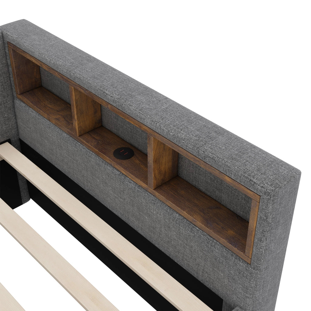 Letto 90x200 cm con rete a doghe, LED, USB e USB-C, 2 cassetti in lino e MDF grigio