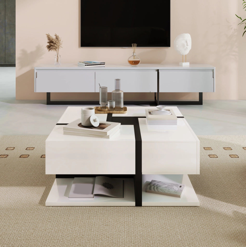 Tavolino da caffè quadrato lucido 78x78x36 cm con 4 cassetti e ripiano inferiore; bianco