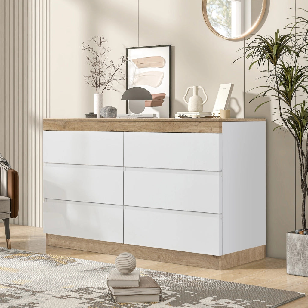 Cassettiera con 6 cassetti e vano chiuso, per camera da letto e soggiorno, bianco e rovere, 110 × 40 × 67.5 cm