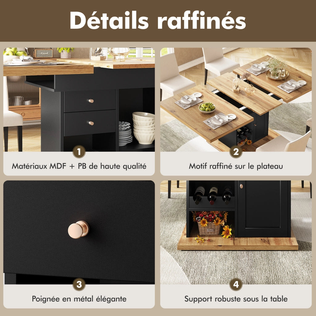 Tavolo allungabile con cassetto; ripiani regolabili e porta snack e vino in MDF nero e naturale 110-140 × 80 × 75 cm