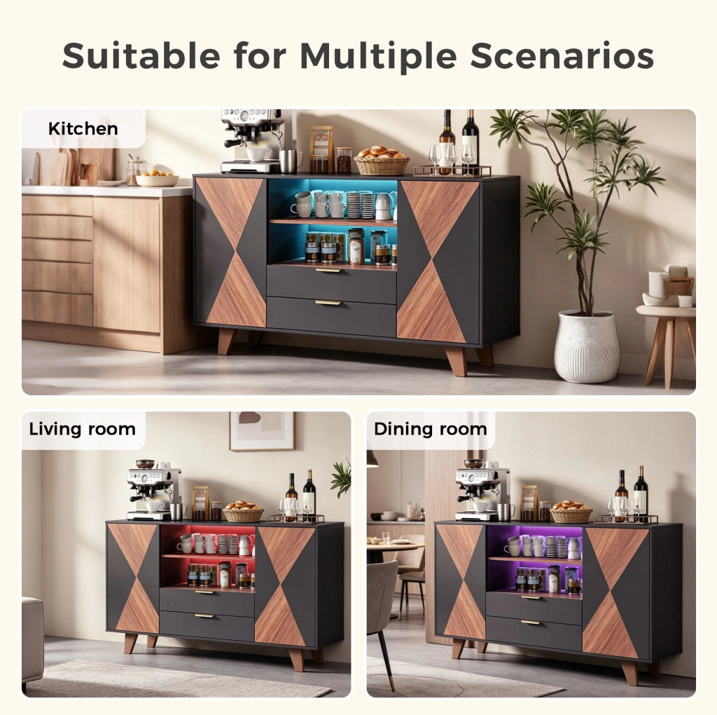 Credenza da cucina 150x40x90 cm con LED RGB; 2 cassetti e ripiani regolabili in MDF; naturale e nero