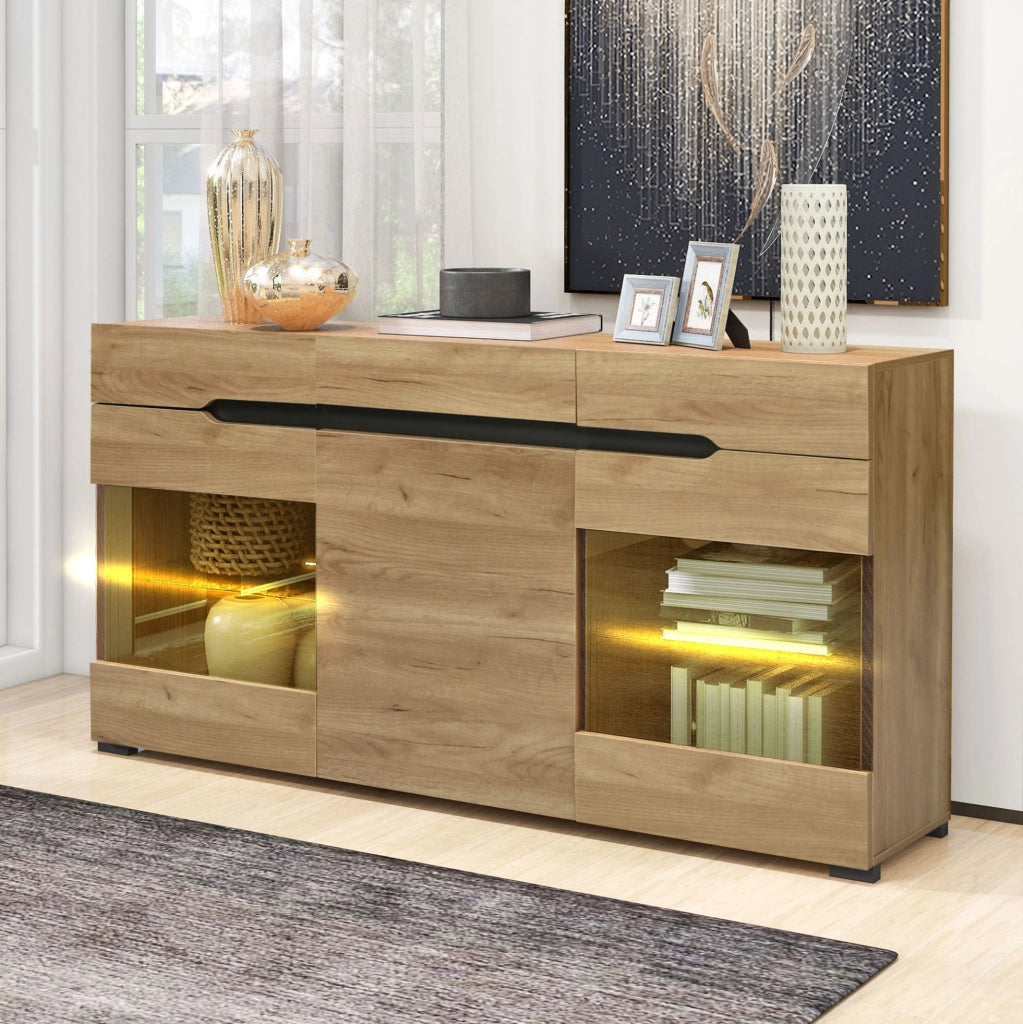 Credenza LED rovere con 3 armadi e 3 cassetti