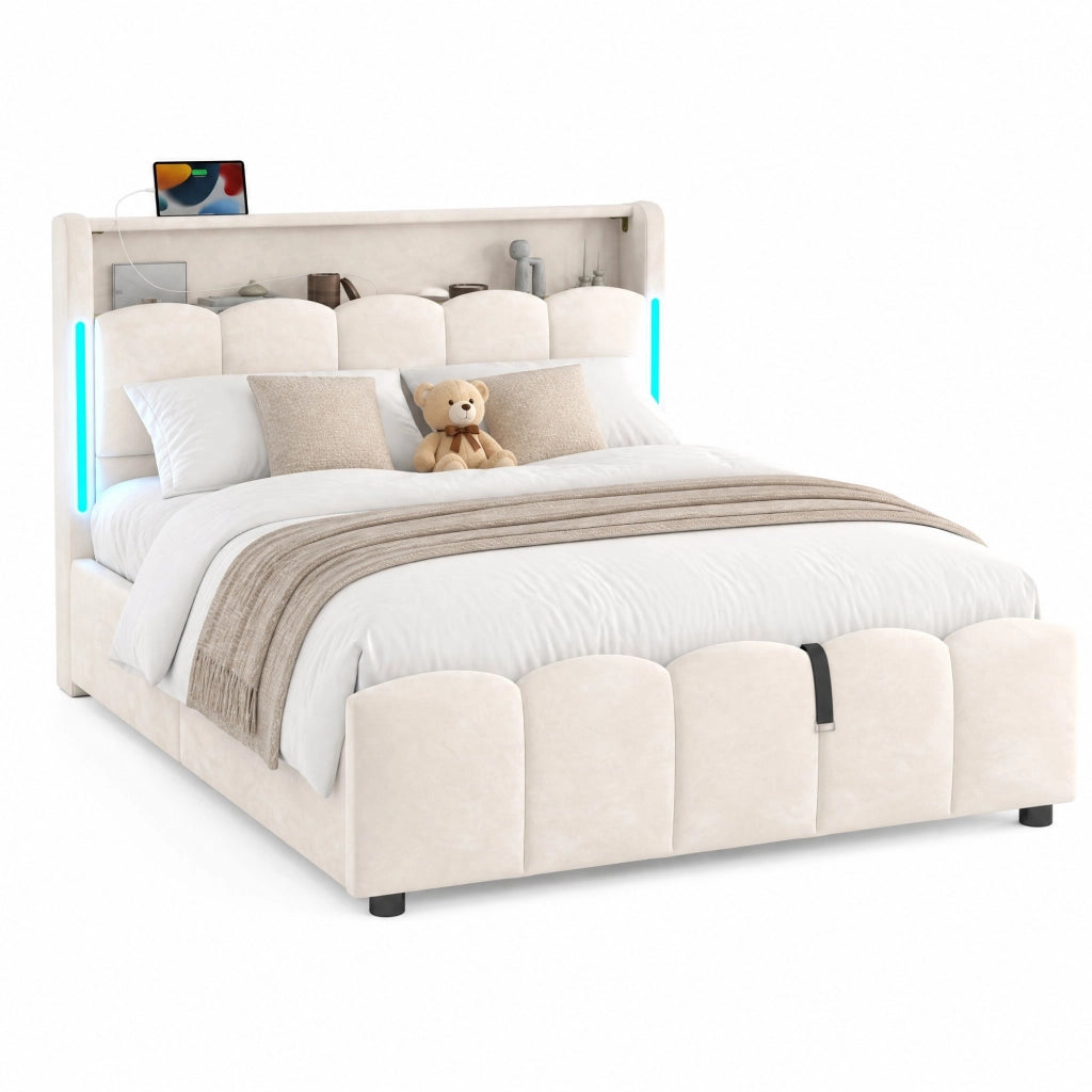 Letto matrimoniale imbottito 140x200 cm in velluto beige con LED; contenitore e porte USB Type-C