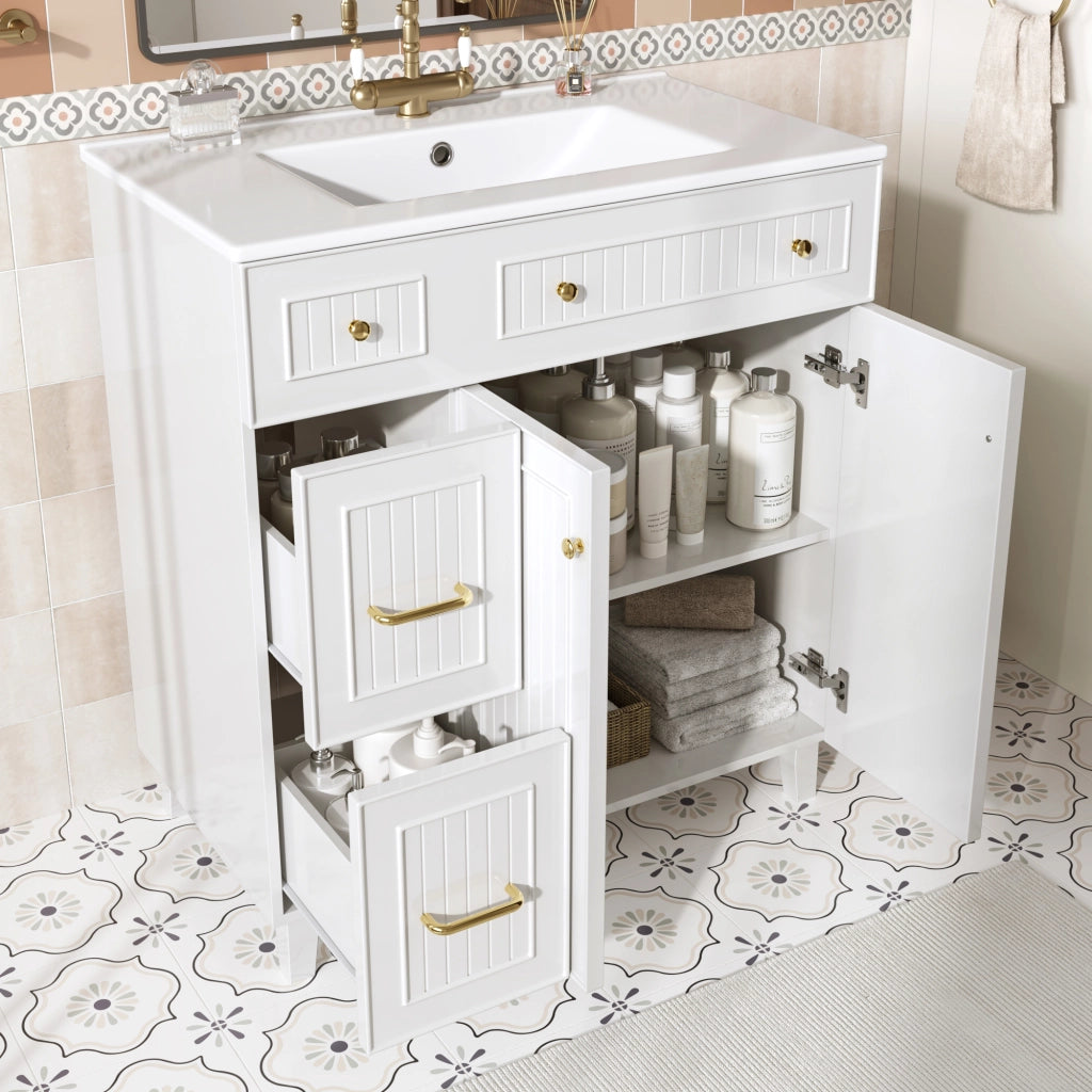 Mobile Bagno a Terra 81;7 cm con Lavabo in Ceramica; Cassetti e Anta; MDF; Bianco