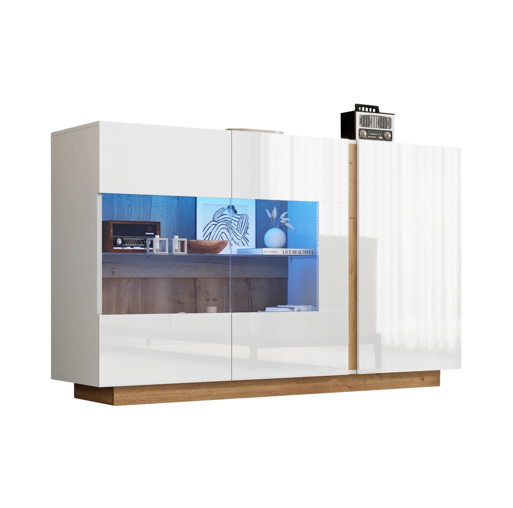 Madia 138 x 38;5 x 90;5 cm bianca lucida con 3 ante; vetro e LED RGB Bluetooth HOMVRA
