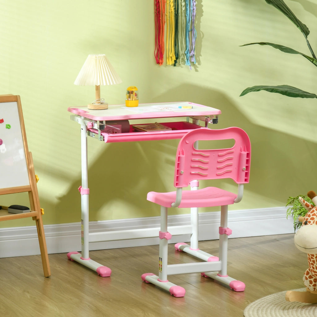 Banco Scuola per Bambini 6-12 Anni con Sedia e Altezza Regolabile, Piano Inclinabile, 66x47x52-77 cm, Rosa