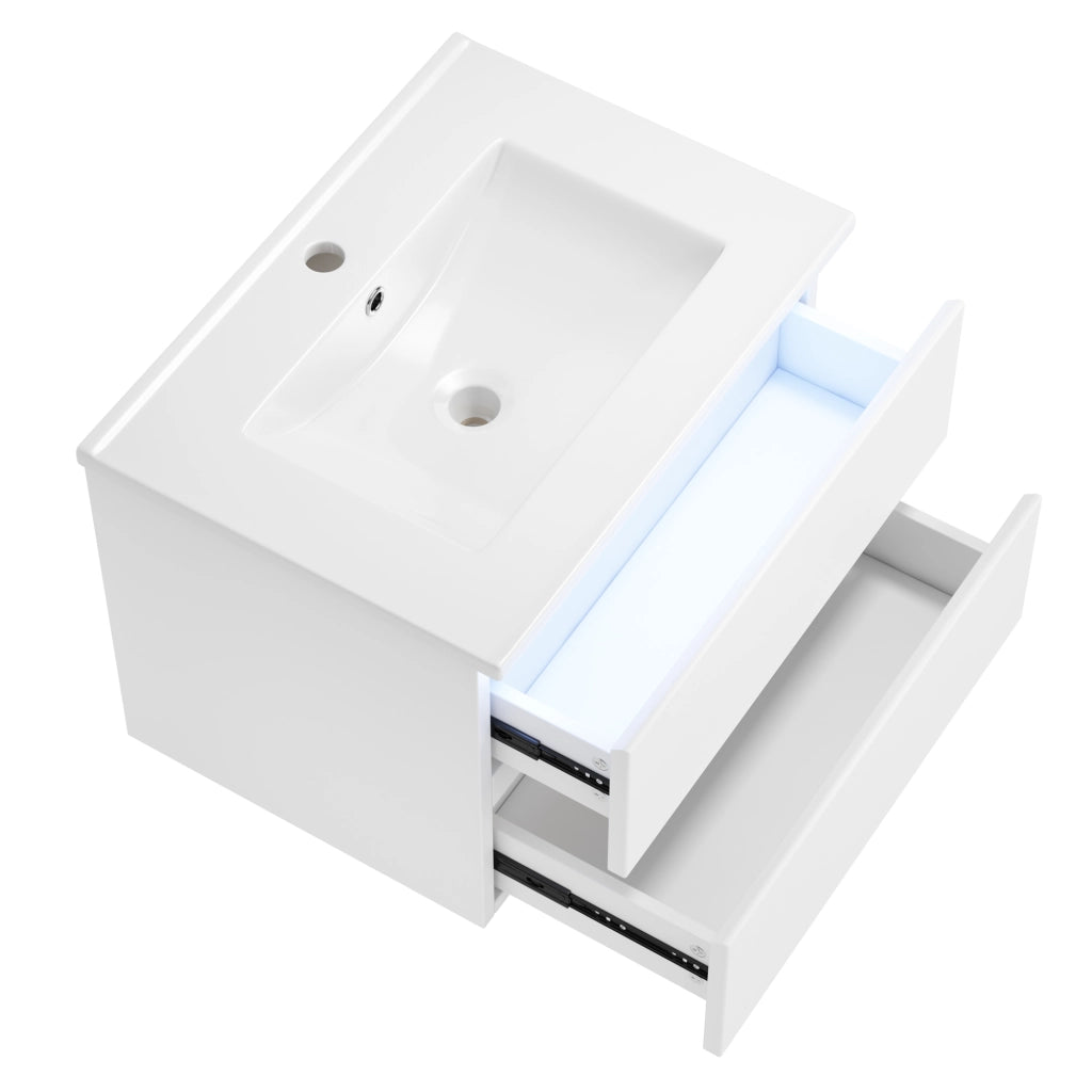 Desviae Mobile sottolavabo sospeso con lavabo in ceramica LED con sensore radar 2 cassetti MDF bianco 61 × 46 × 45 cm