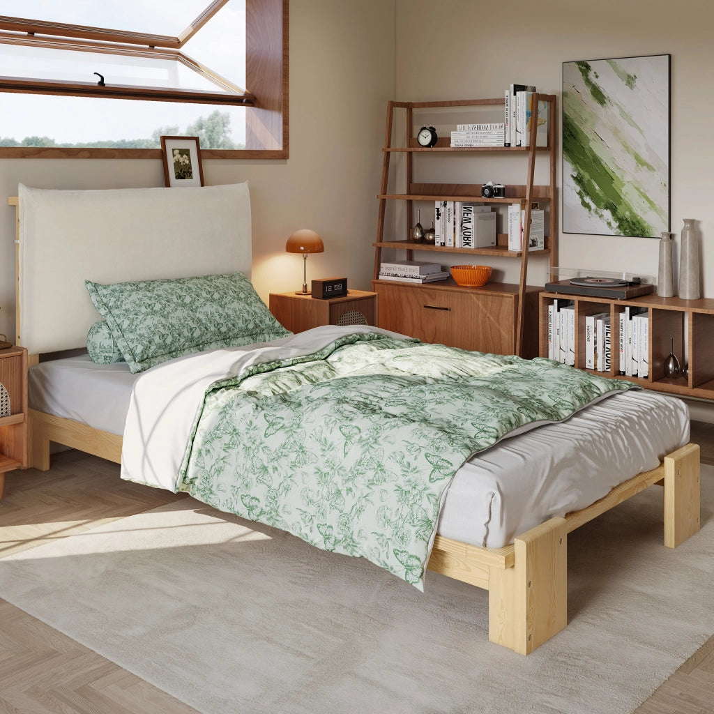 Letto singolo imbottito 90 ¡Á 200 cm con testiera in legno naturale rete a doghe e gambe larghe