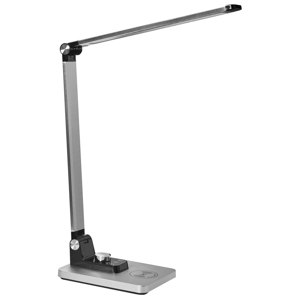 Lampada da scrivania moderna per ufficio domestico 3 modalità di temperatura Dimmer continuo Caricatore wireless Alluminio Materiale sintetico Argento